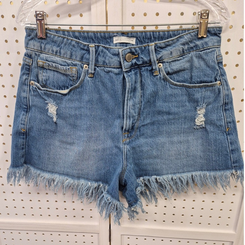 Good American Distressed Frayed Hem Denim Shorts Blue High Rise Size 10/30